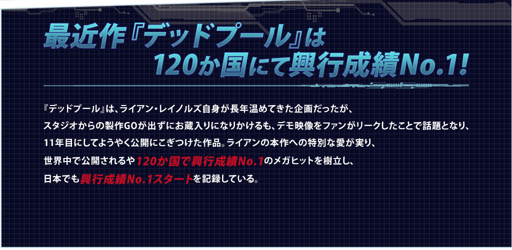 最近作『デッドプール』は120か国にて興行成績No.1！